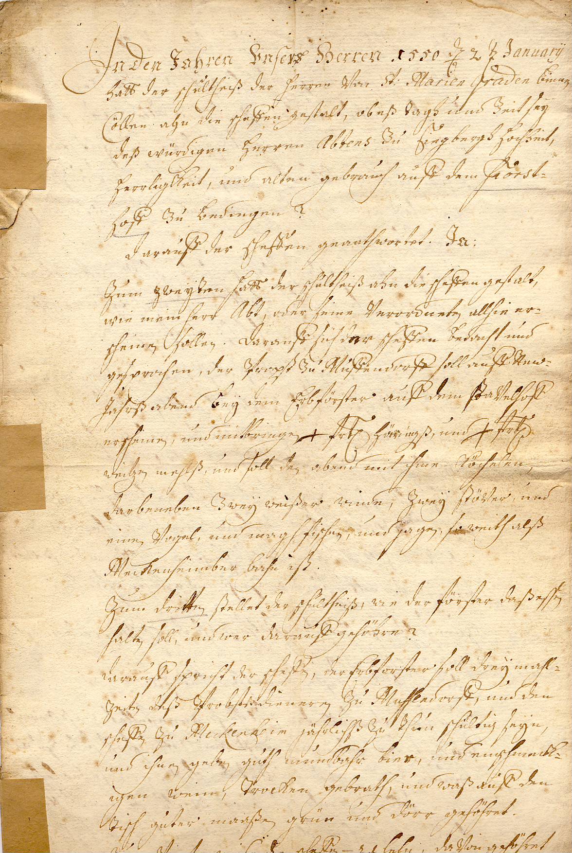 Foto eines handgeschriebenen Blattes aus 1550: Weistum über Hoheit, Herrlichkeit und Brauch des Abtes von Siegburg im Kottenforst zu Meckenheim