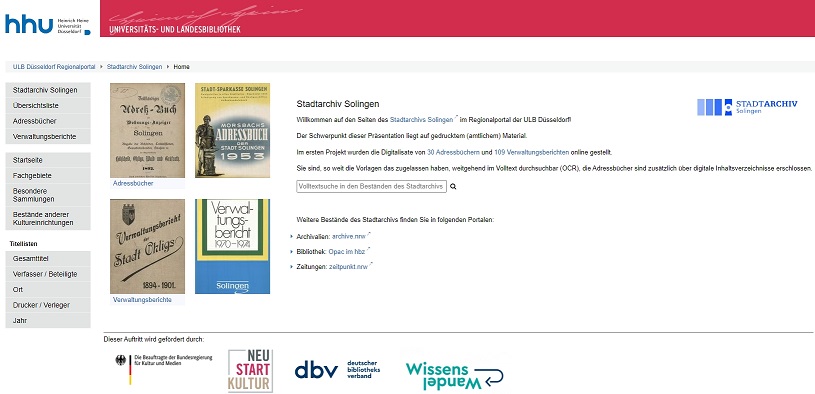 Startseite Stadtarchiv Solingen bei der ULB Düsseldorf