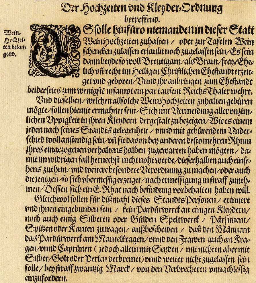 Eine Kleiderordnung schrieb Münsteranerinnen und Münsteranern vor, wie opulent gefeiert werden durfte. Inwieweit sich hier Verschiebungen zwischen Krieg und Frieden 1648 niederschlagen, beantwortet ein Forschungsprojekt beim Themenabend im Stadtarchiv (Quelle: Stadtarchiv Münster, Ratsarchiv A VI, Nr. 24a).