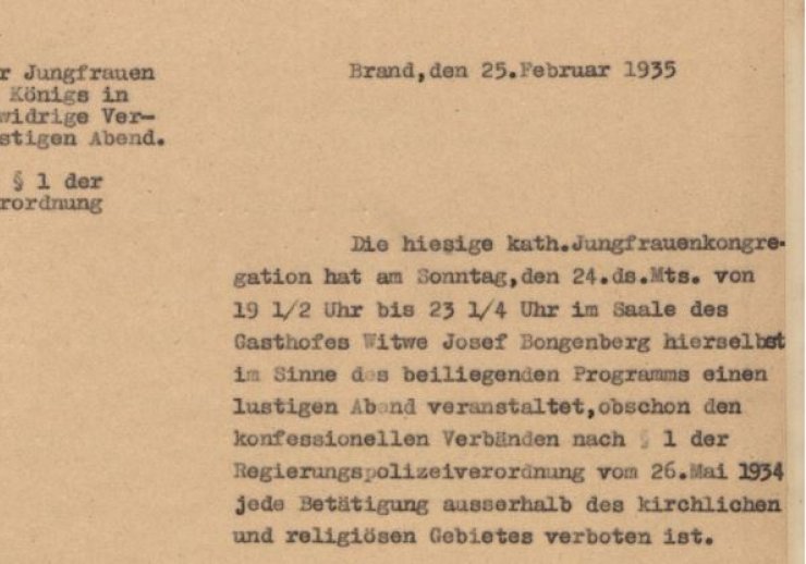 Anzeige gegen den Präses der Jungfrauenkongregation in der Gemeinde Brand